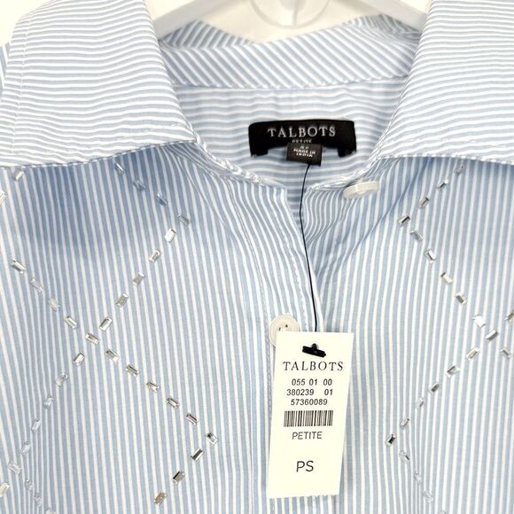 Talbots Light Blue White Stripe Silver Sparkle Diamond Pattern Button Up Shirt - Picture 14 of 16
